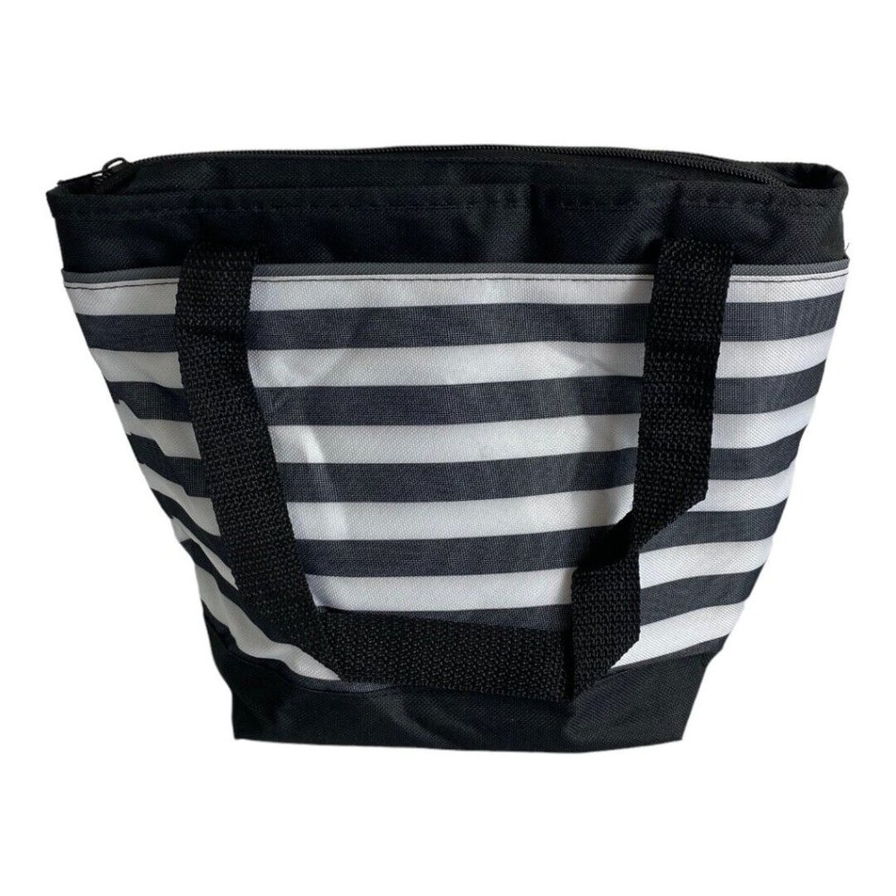TrueLiving Outdoors 8 Can Soft Side Cooler Bag Lunch Black/White Striped NEW
